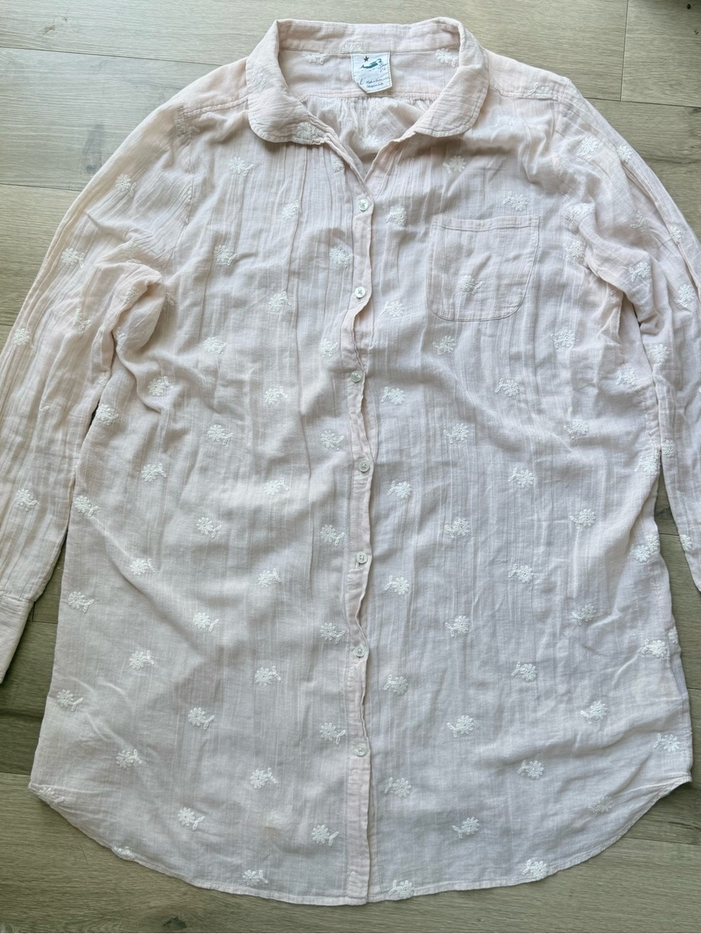 Anthropologie Mermaid Embroidered Cotton Gauze Pink Tunic Shirt XL